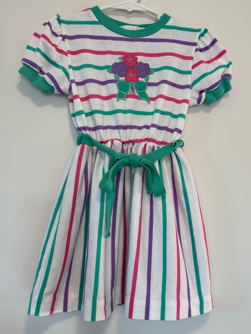 Vintage Health-Tex Pastel Stripe Short Sleeve Floral Applique Dress Girl 4T